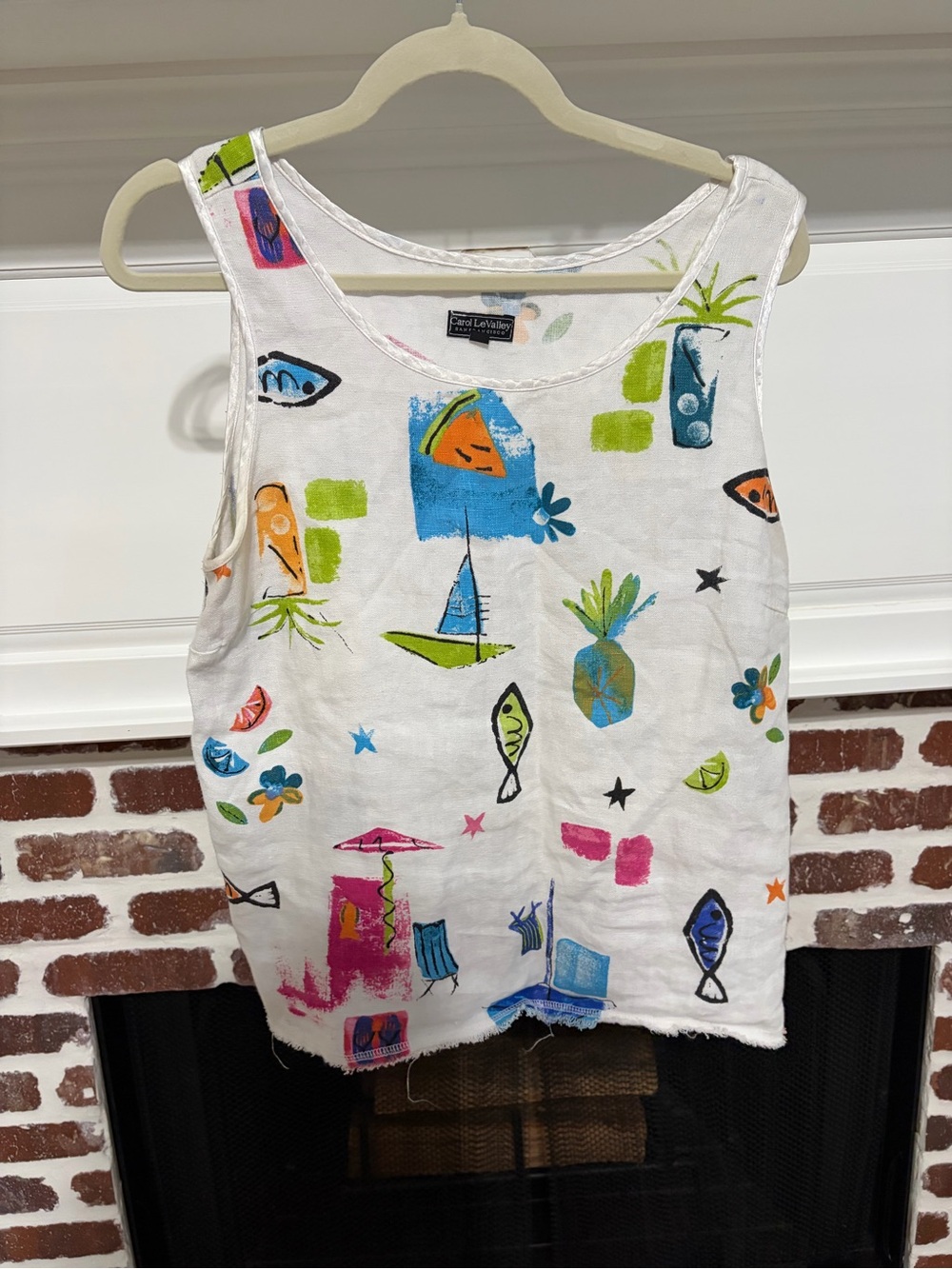Vintage Carol LeValley Linen Novelty Beach Print Tank Top 90s